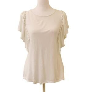 a.n.a. Women's White Ruffled Sleeve T-Shirt Round Neckline Size Small